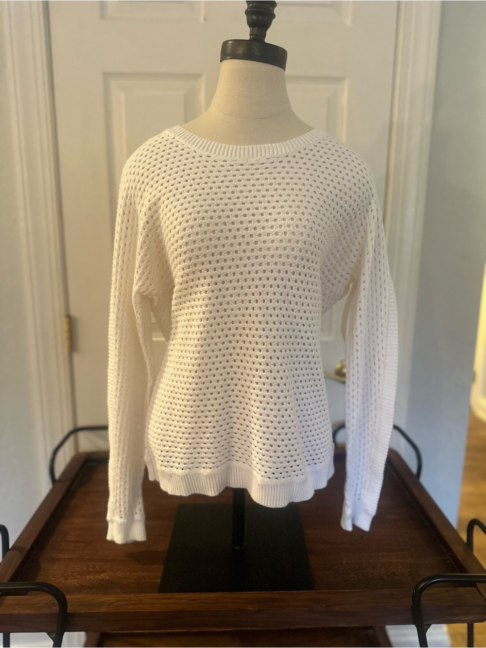 Coastal Casual White Open-Knit Crewneck Sweater